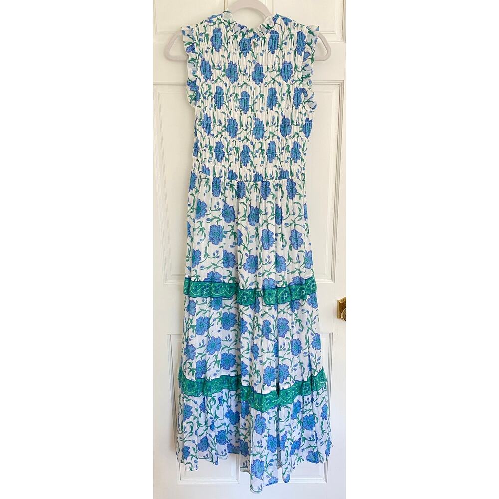 OLIPHANT Tuckernuck Poppy Blue Block Print Sleeveless Smocked Maxi Dress NEW S - Picture 8 of 12
